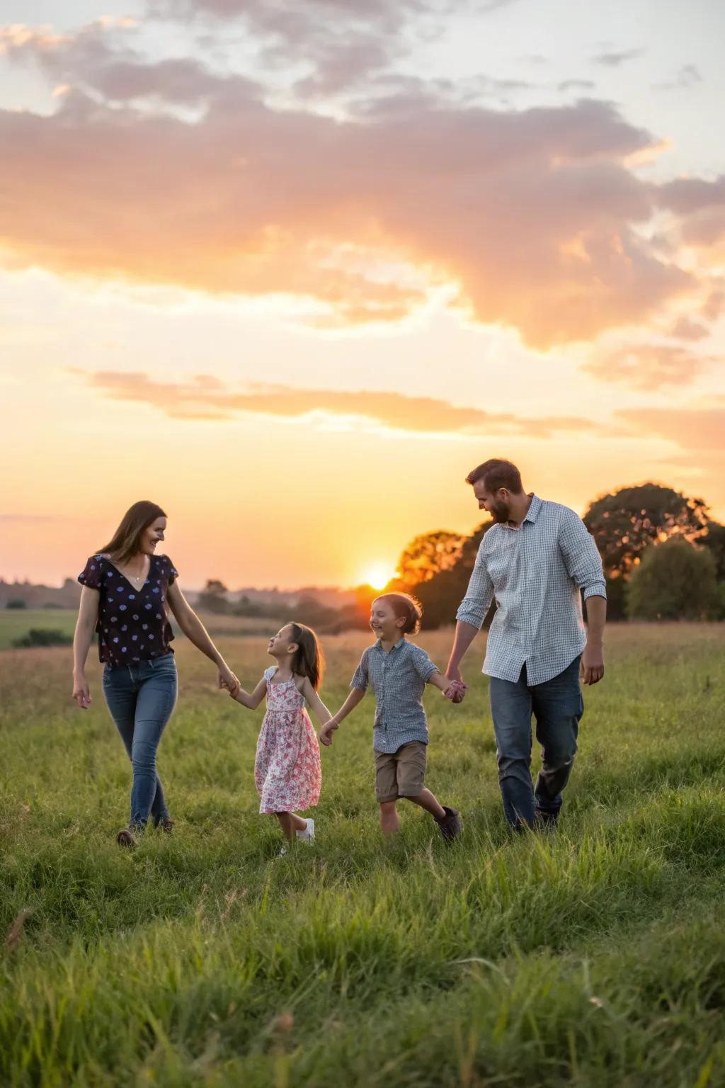 The captivating radiance of the golden hour bestows a magical essence upon family portraits.