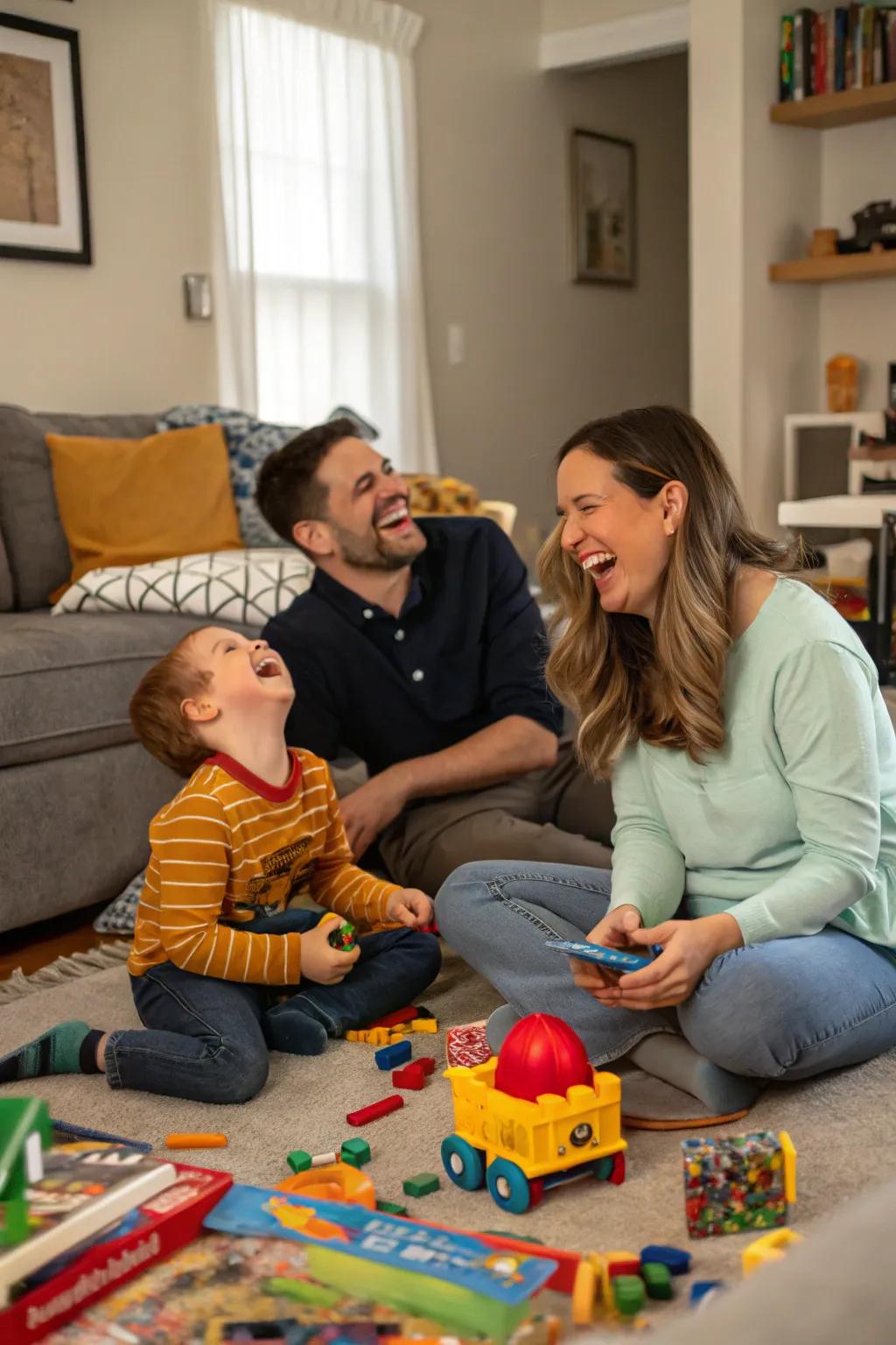 A joyful and carefree family relishing a night of playful spontaneity in their cozy living space.
