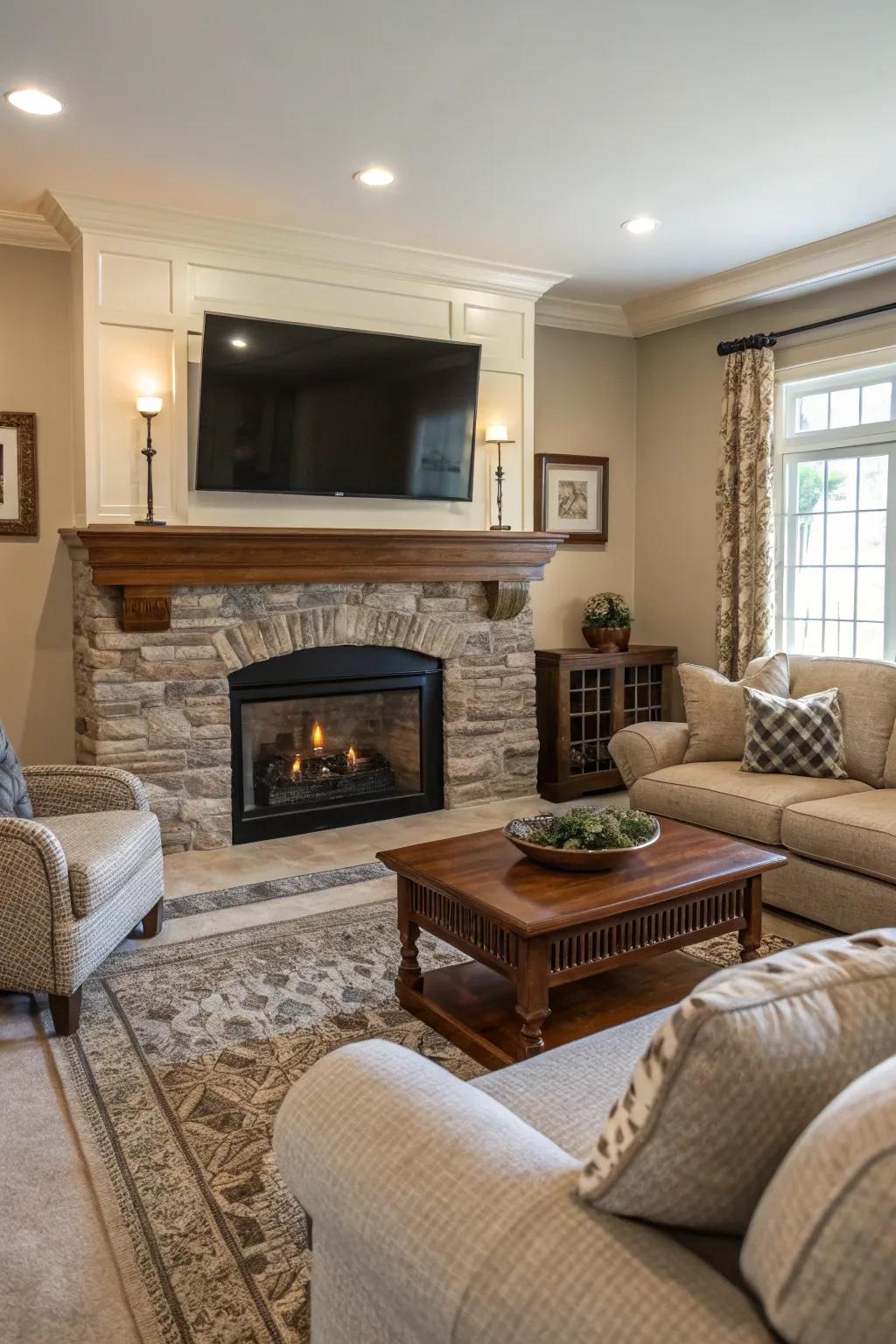 A family room featuring a TV mounted above a cozy fireplace.