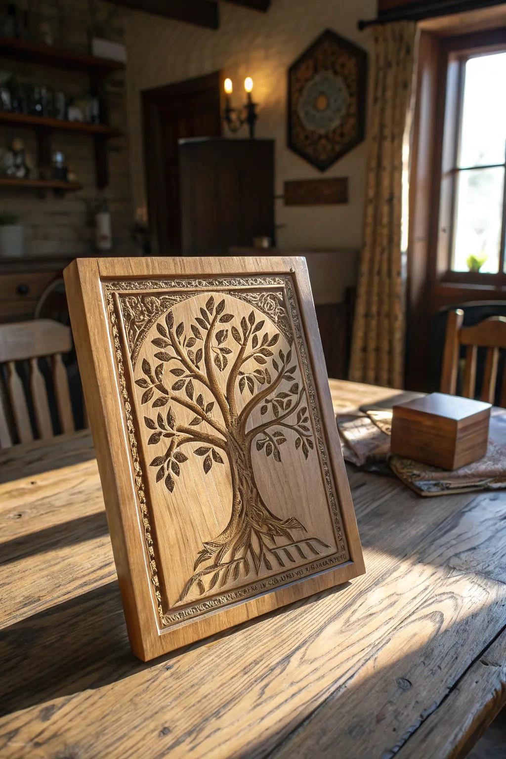 An inscribed timber kinship panel offers a classic present.
