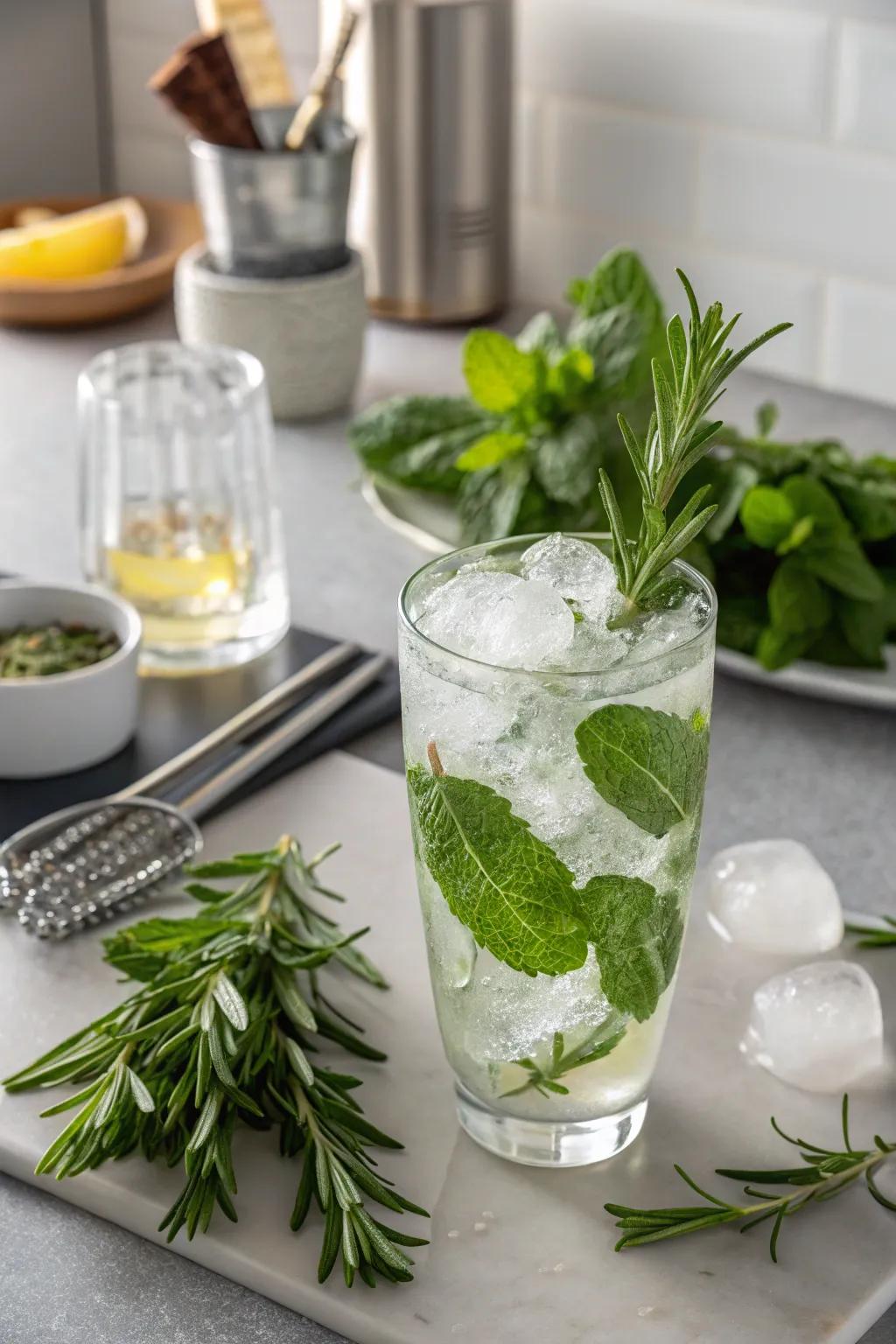 Ice cubes infused with herbs for a revitalizing variation.