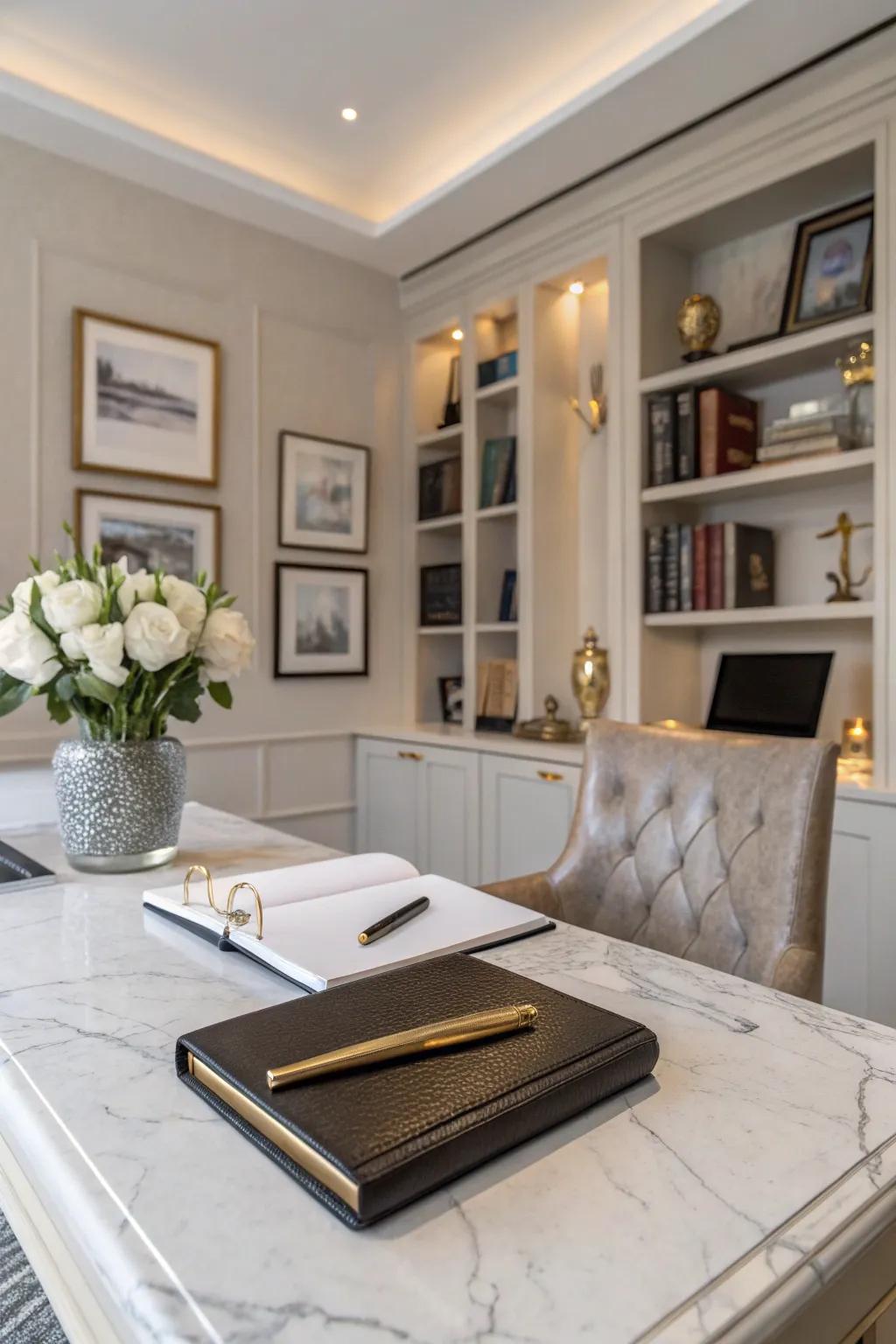 A marble desk introduces a luxurious element to any office setting.