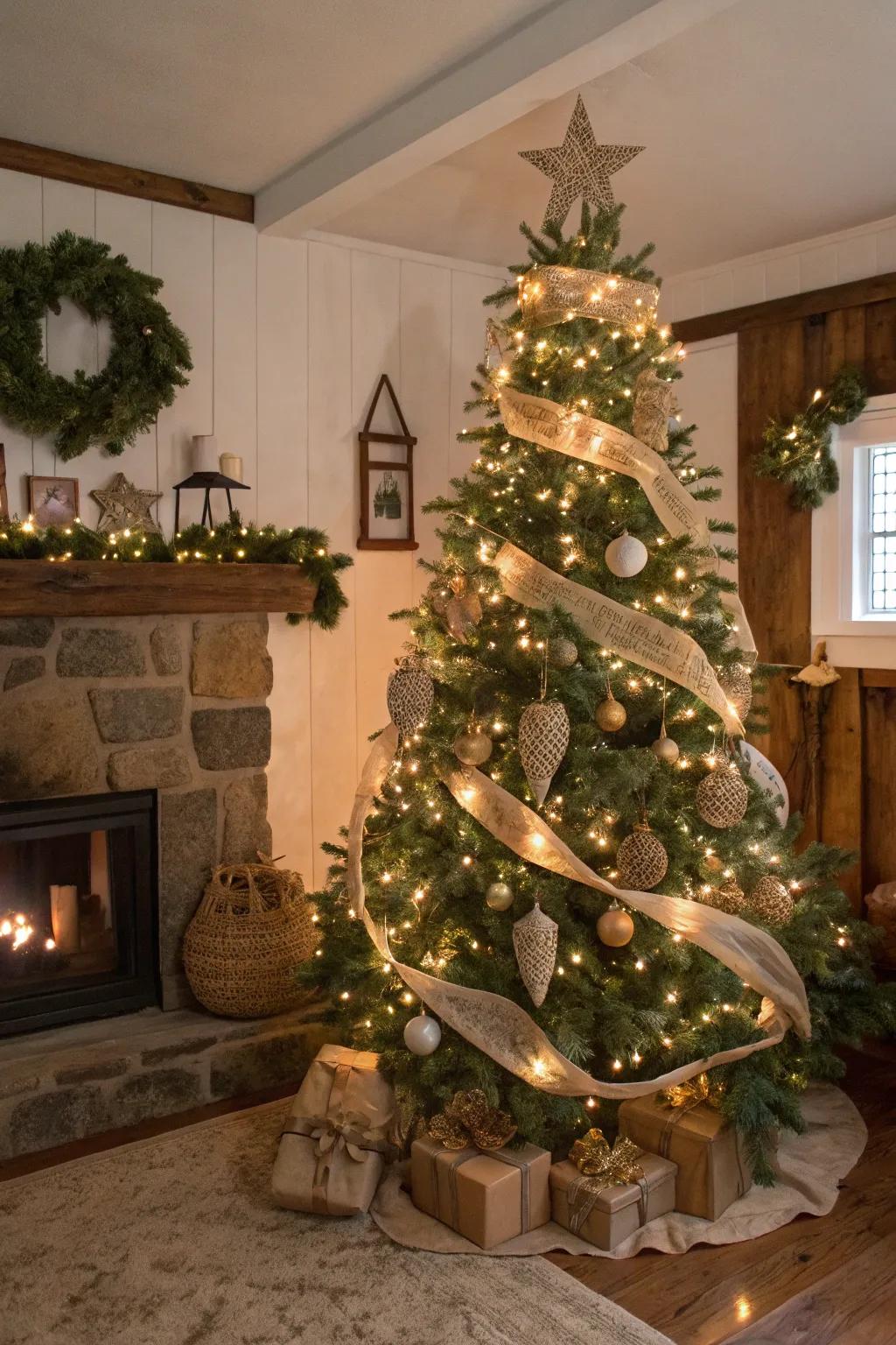 A farmhouse Christmas tree lavished with burlap ribbons and country-style ornaments.