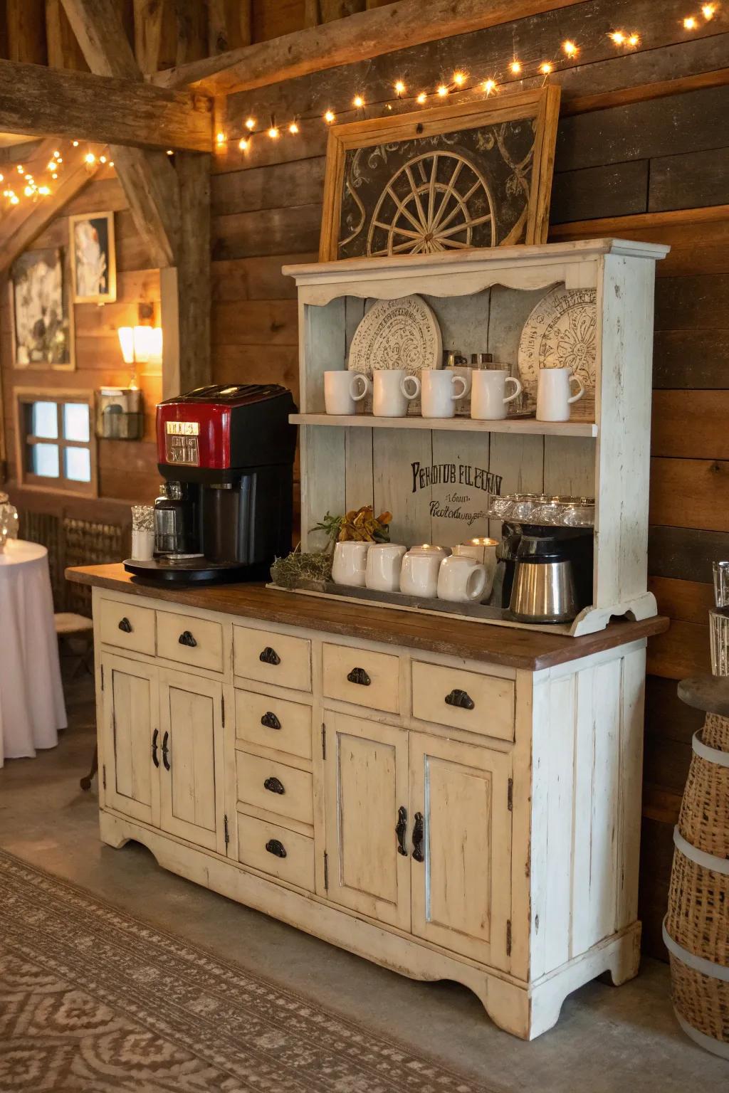 An old sideboard transformed into a charming coffee nook.