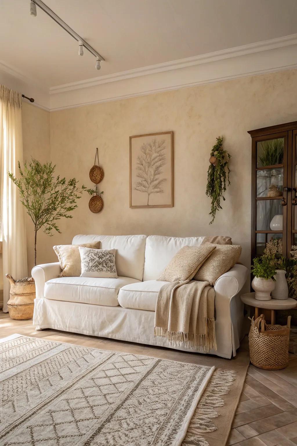 A peaceful living room displaying a subdued color story.