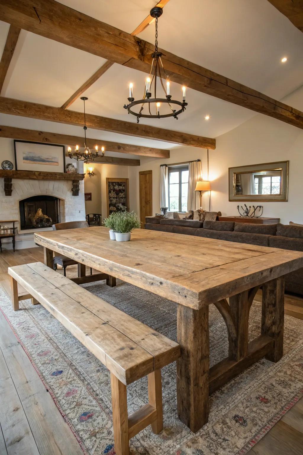 A reclaimed wood table becomes the focal point of this farmhouse dining room with its countryside charm.