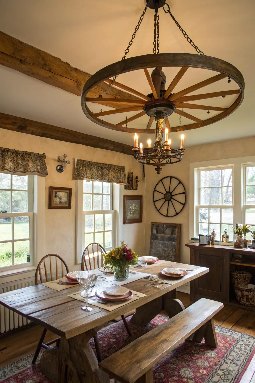 Cartwheel chandeliers serve as an enchanting centerpiece in any farmhouse-themed dining space.