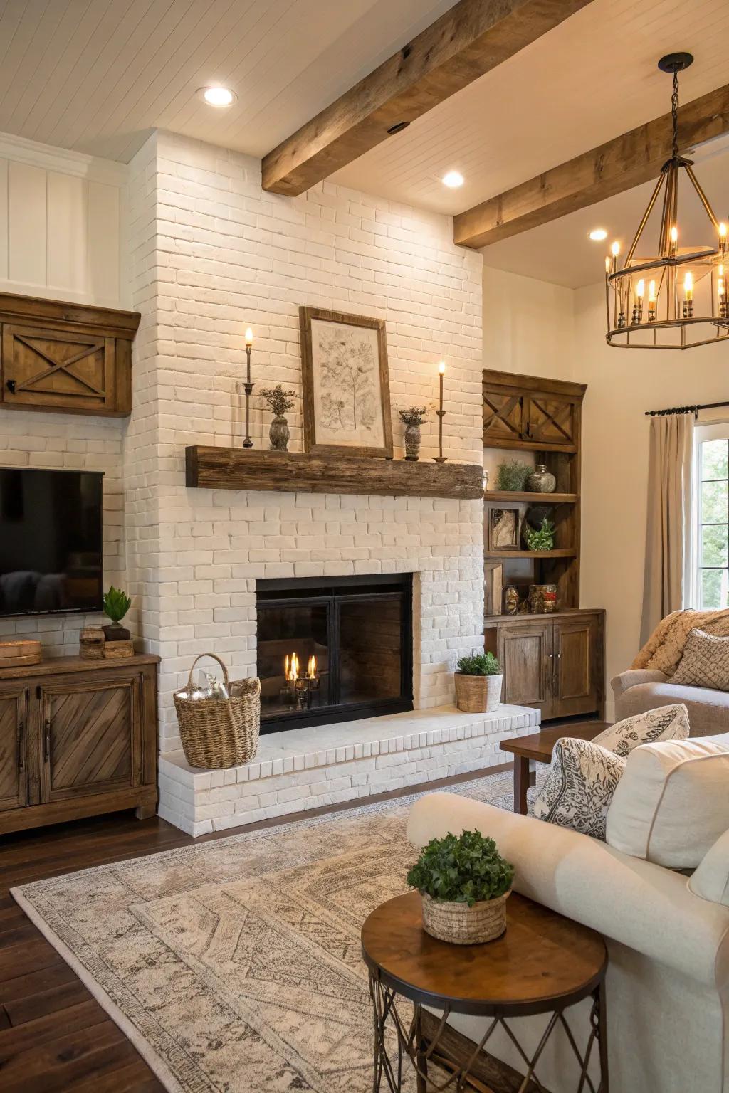 A timeless white brick fireplace enhanced by rustic wood decorations.