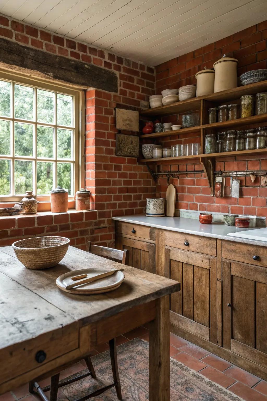 A farmhouse kitchen showcasing a timeless red brick backsplash.