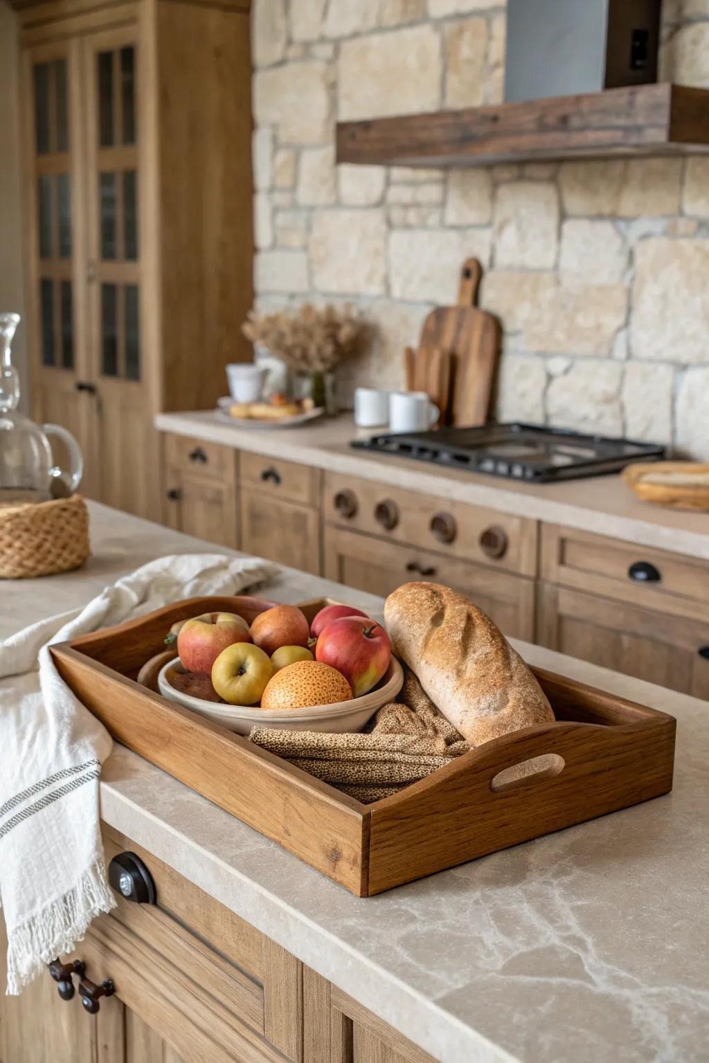 A wooden tray tastefully arranging vital kitchen items on a farmhouse counter.