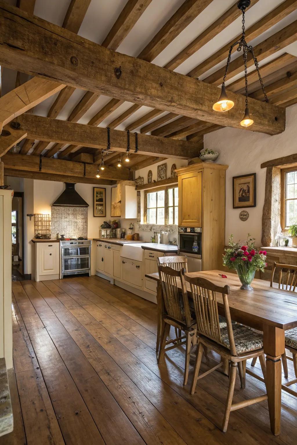 A farmhouse kitchen is showcased with exposed wooden beams and a beautifully textured wooden floor.