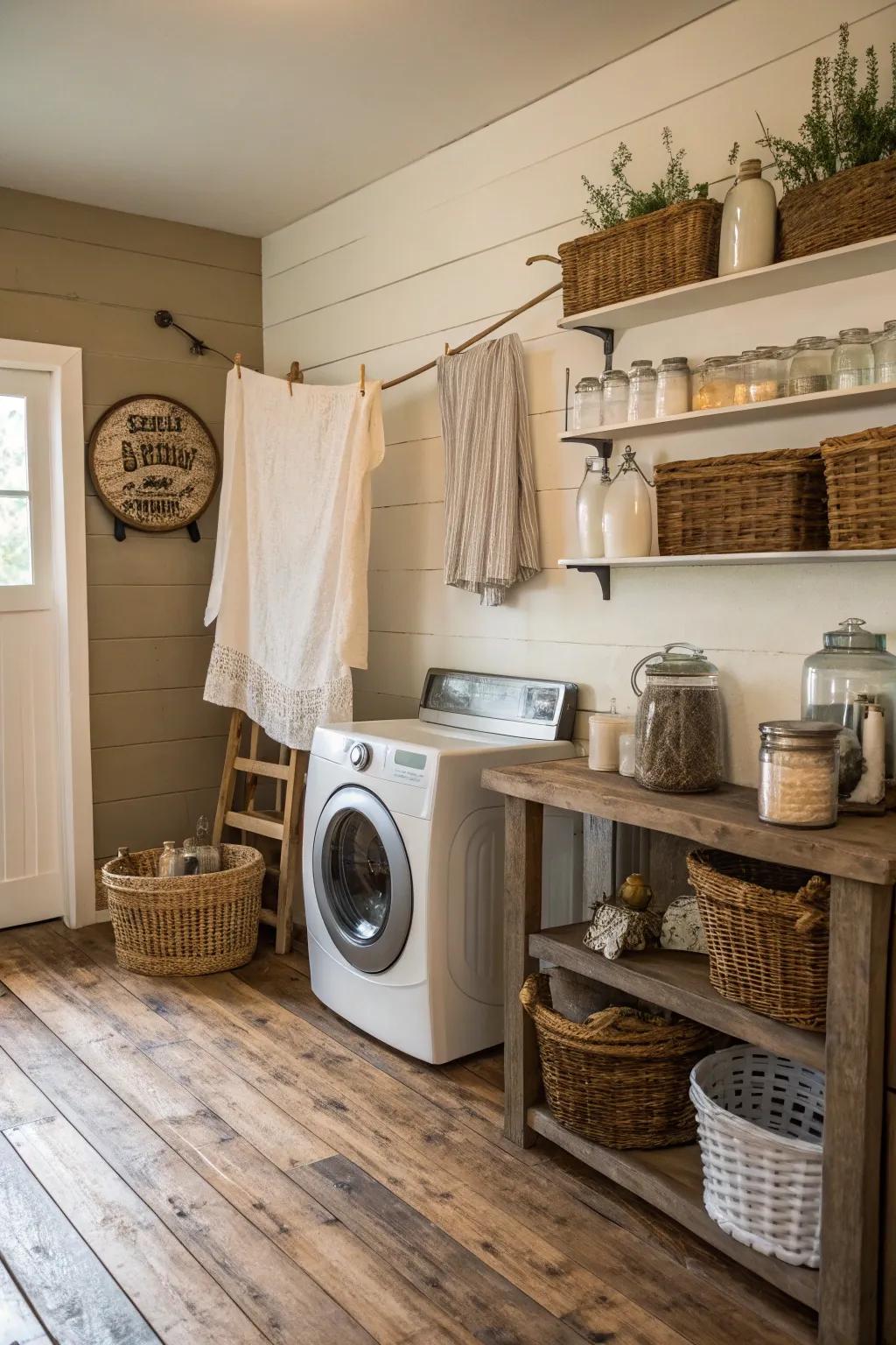A peaceful laundry area showcasing a neutral color palette and rustic decorative accents.