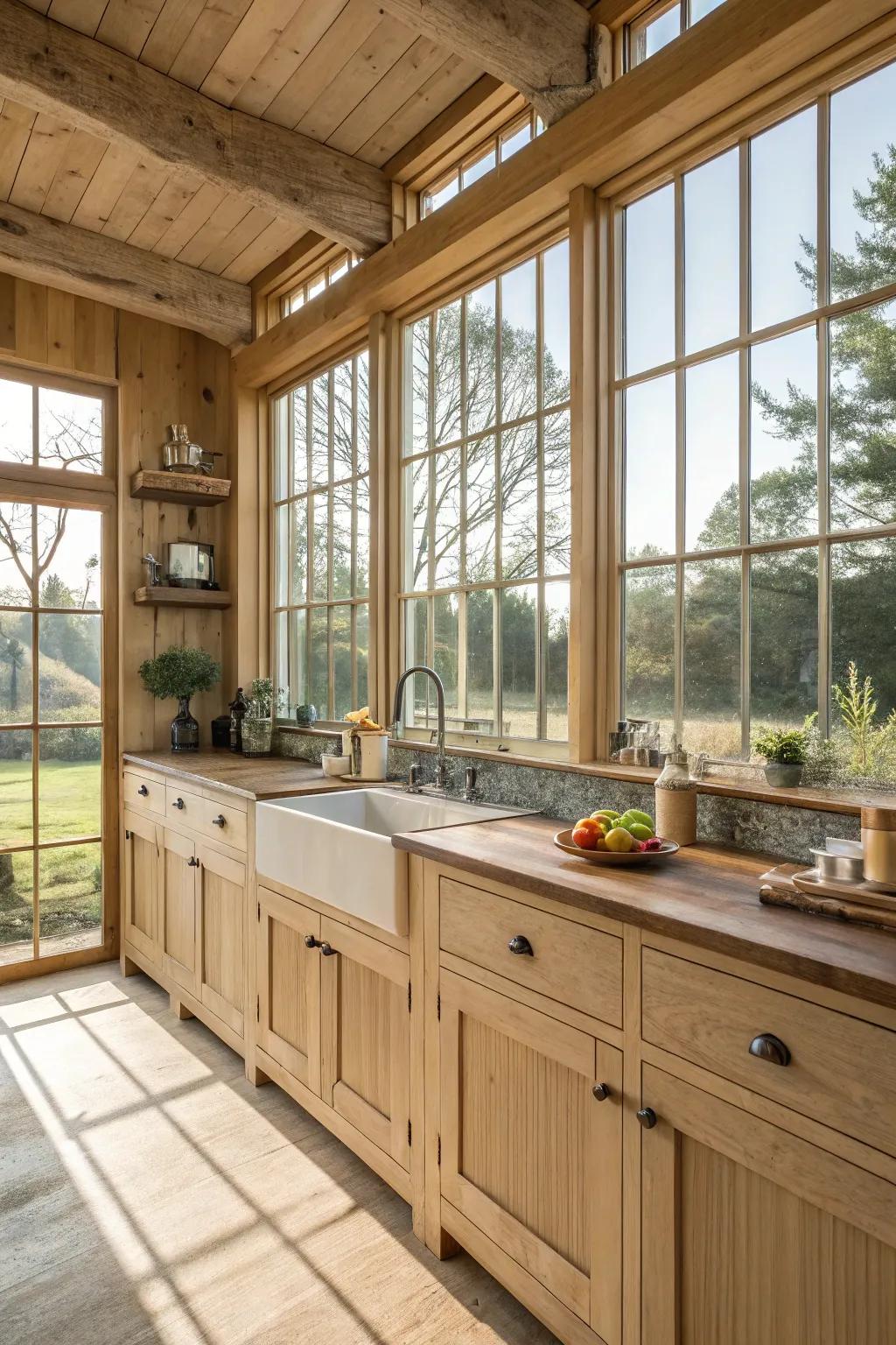 A farmhouse kitchen comes alive with sunlight, enhanced by expansive windows and light-toned wooden cabinets.