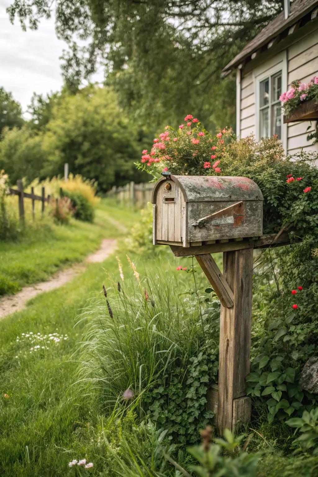 A classic wooden mailbox, showcasing a weathered finish, stands elegantly amidst flourishing greenery.