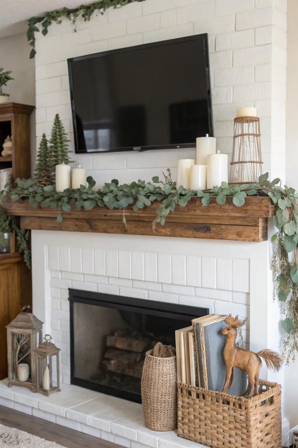 An elegantly styled farmhouse mantel featuring vibrant greenery and rustic details.