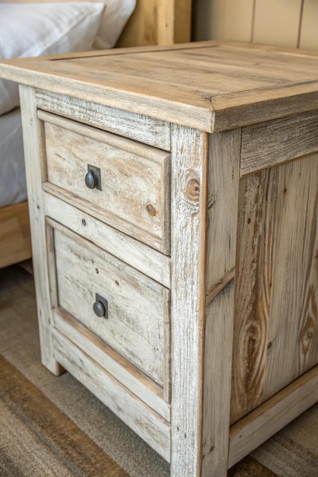 A timber bedside table is the basis for farmhouse decor.