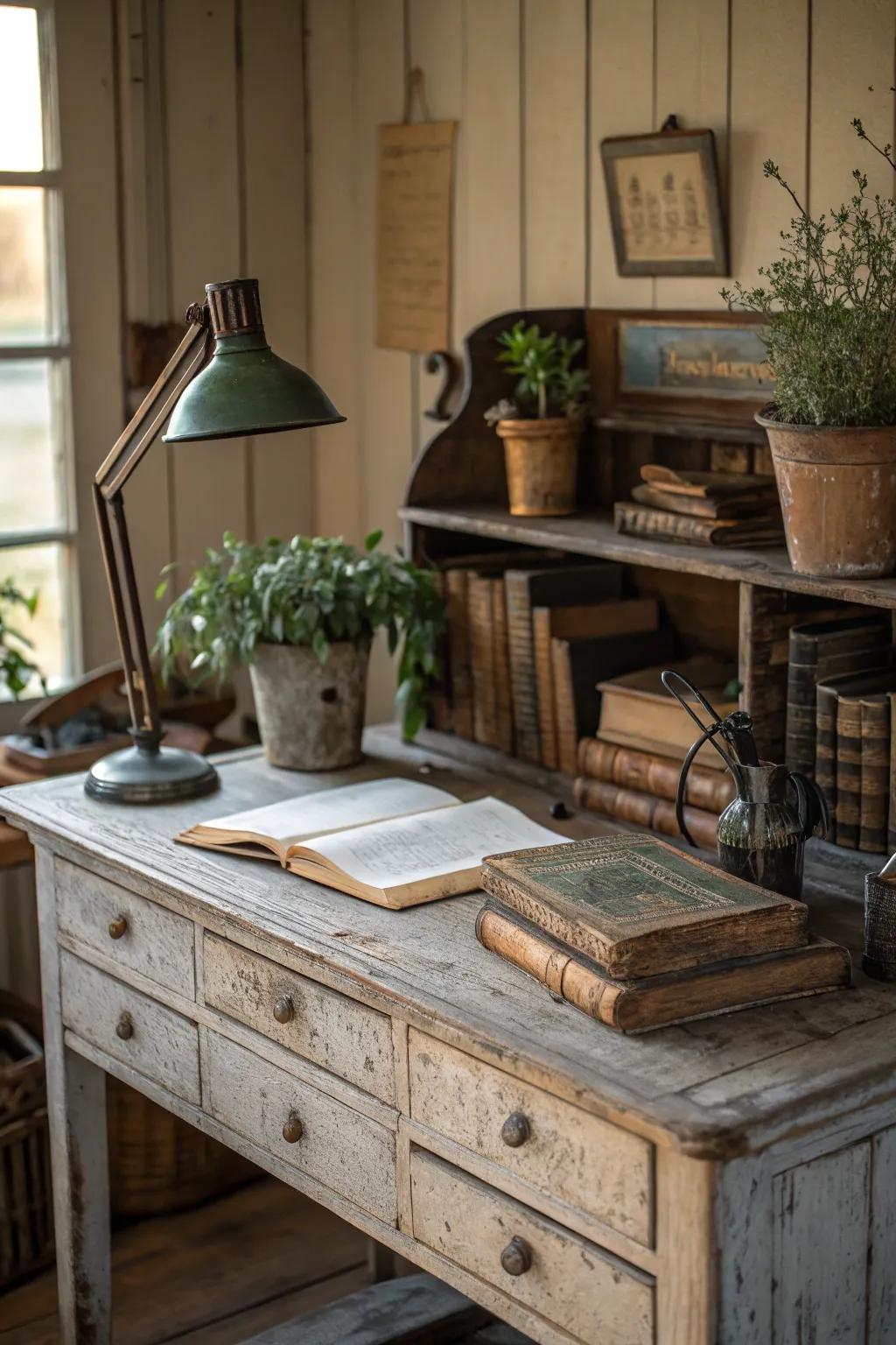 A distressed timber desk lends a vintage feel to your office.