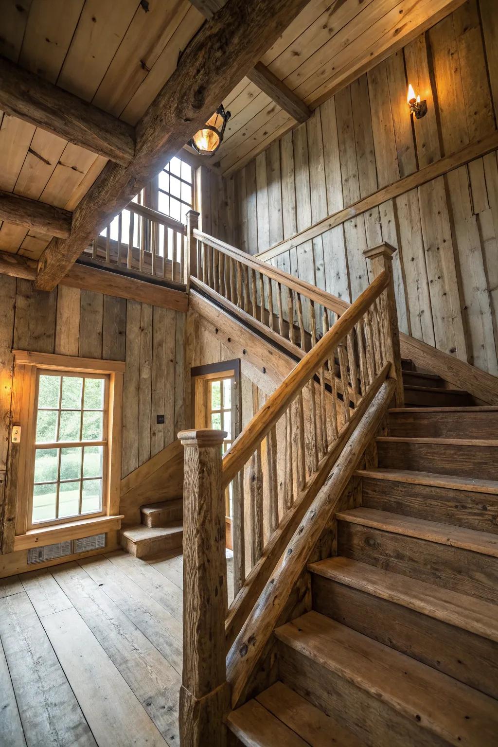 A banister crafted from reclaimed timber imparts coziness and stories to your abode.