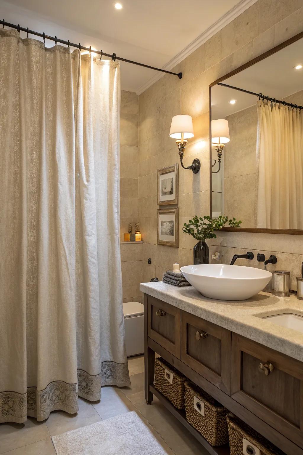 An inviting bathroom featuring a drape of natural weave casting a soft, inviting glow.