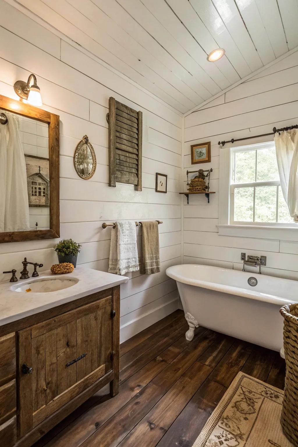Crisp paneling brings a fresh farmhouse charm to this small bathroom.