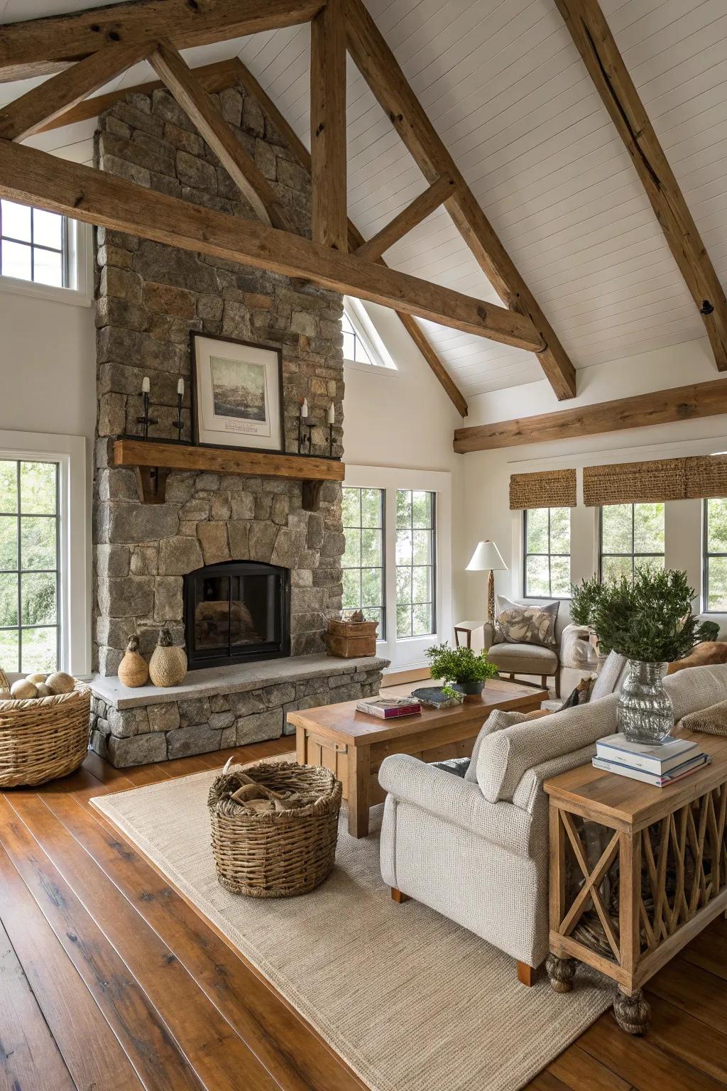 A countryside-inspired living area featuring uncovered wood supports and a stone hearth.