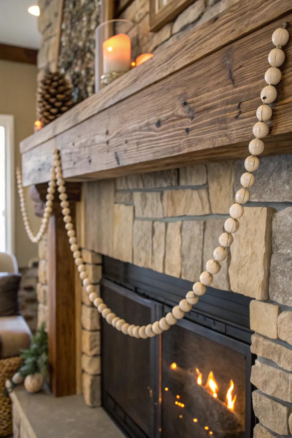 Bead strand elegantly draped over a fireplace.