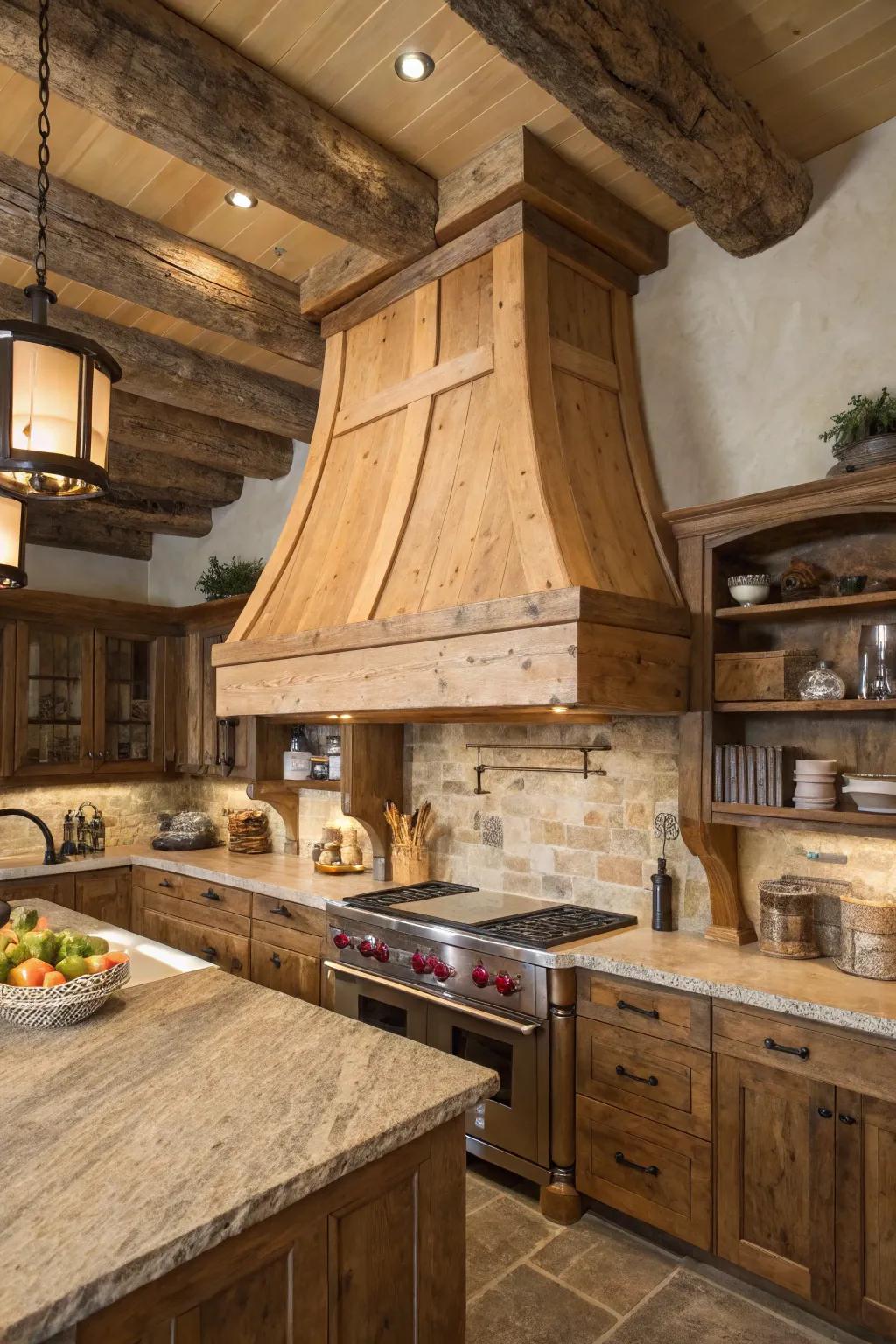 Natural wood grain on a range hood adds rustic beauty to the kitchen.