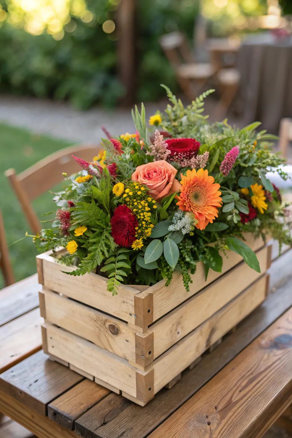 Dynamic floral composition showcased in a rustic wood container.