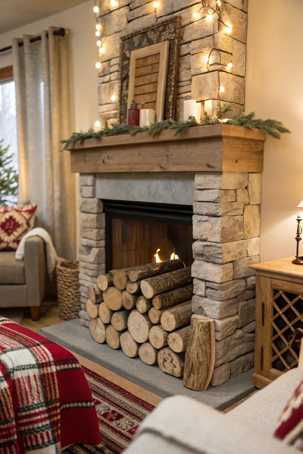 An imitation fireplace showcasing a beautifully arranged stack of white birch logs.