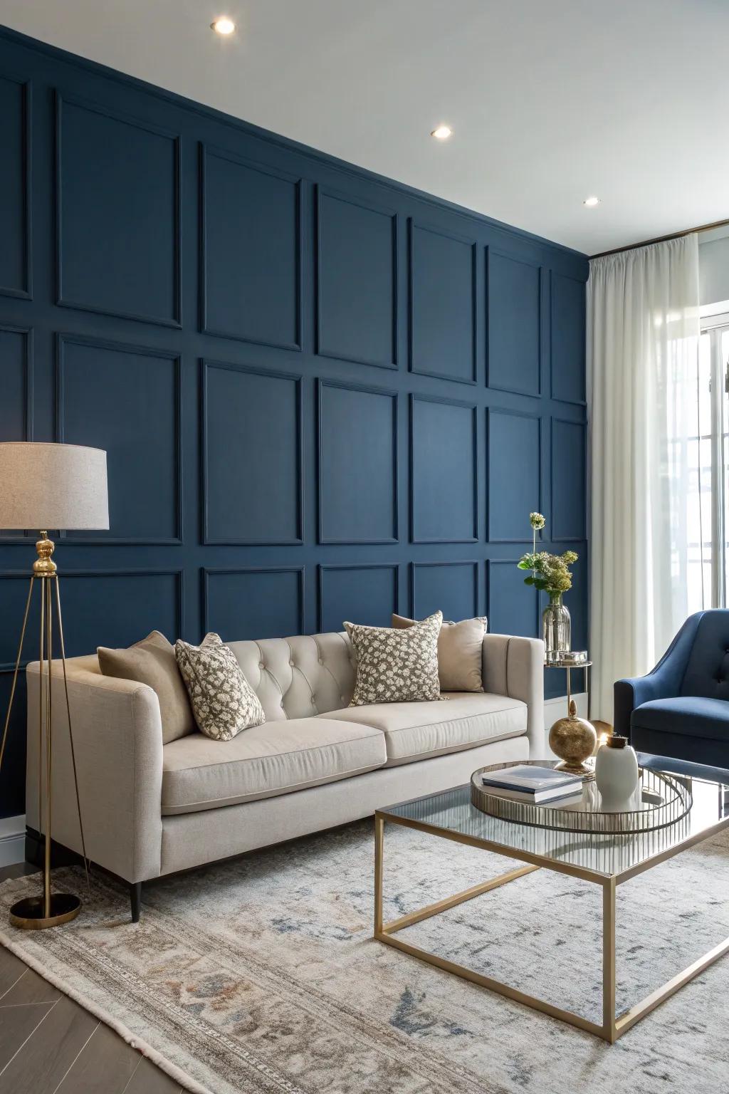 A vibrant azure feature wall creates an impactful focal point.