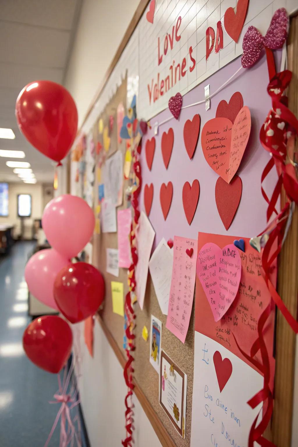 A Valentine-themed bulletin board adorned with hearts and affection-filled notes.