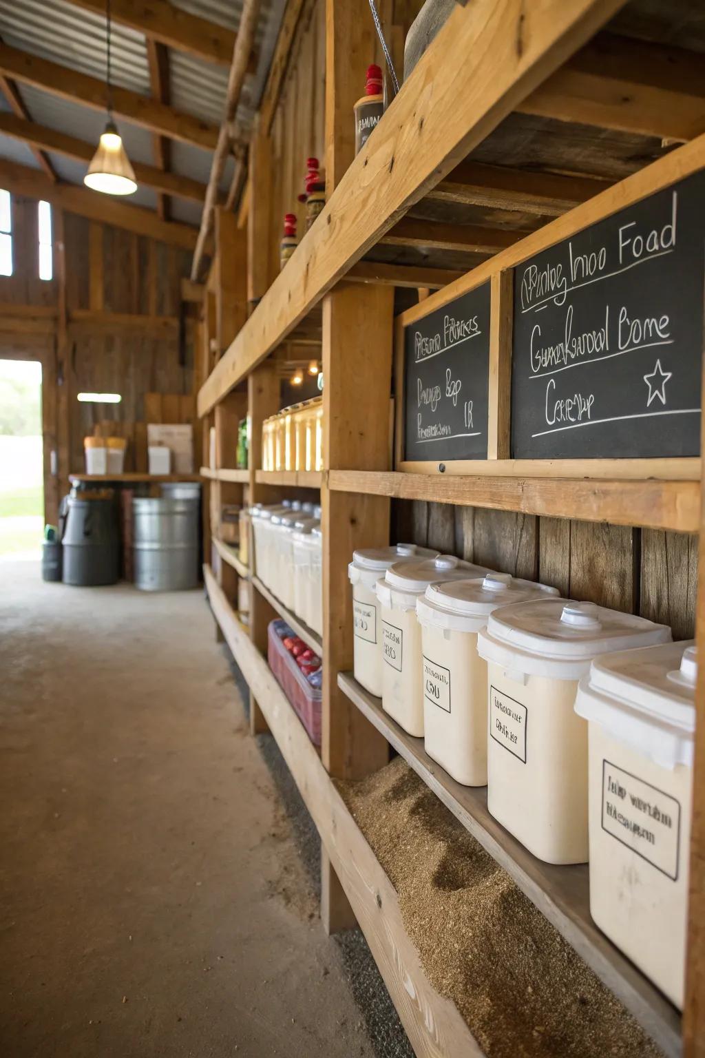 Easy-to-read labels ensure quick location of necessities in a busy feed room.