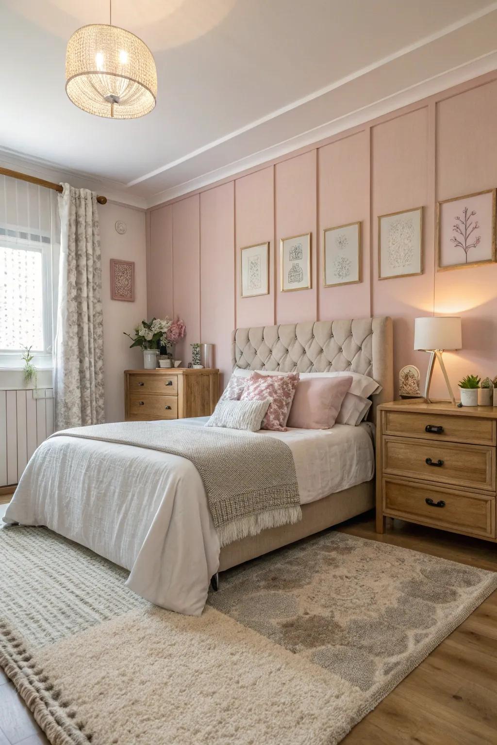 A peaceful bedroom employing delicate rose tints and creams for a serene atmosphere.