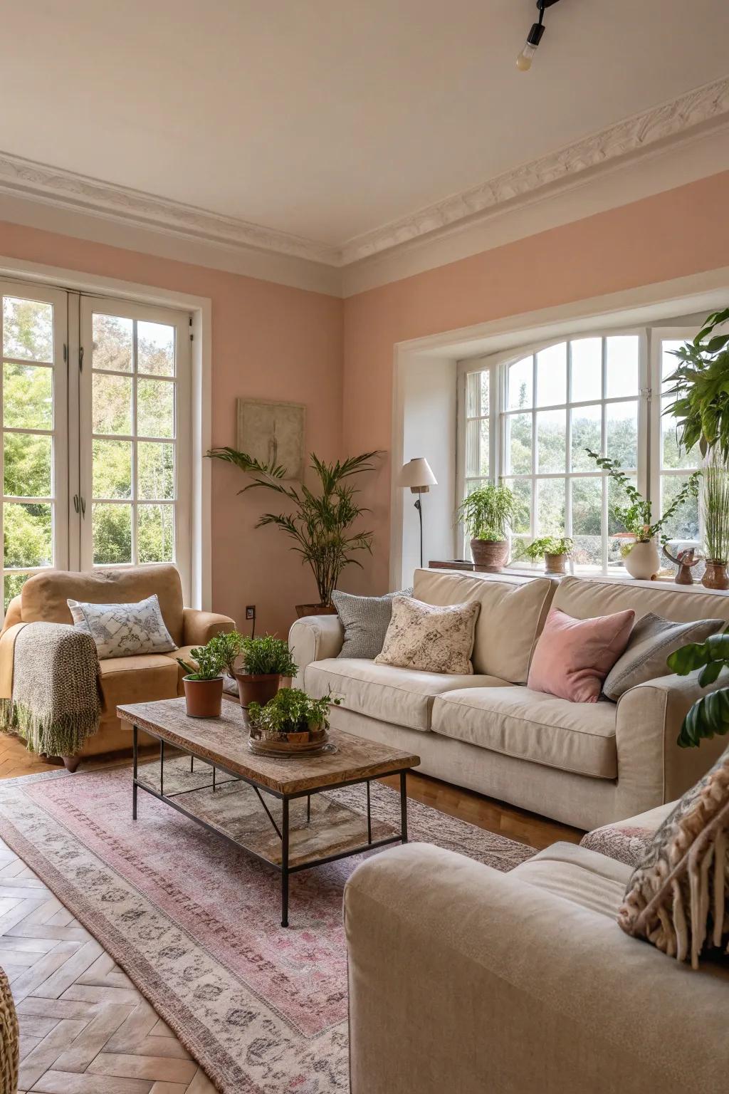 A serene living room featuring walls in soft pastels and comfortable furnishings.