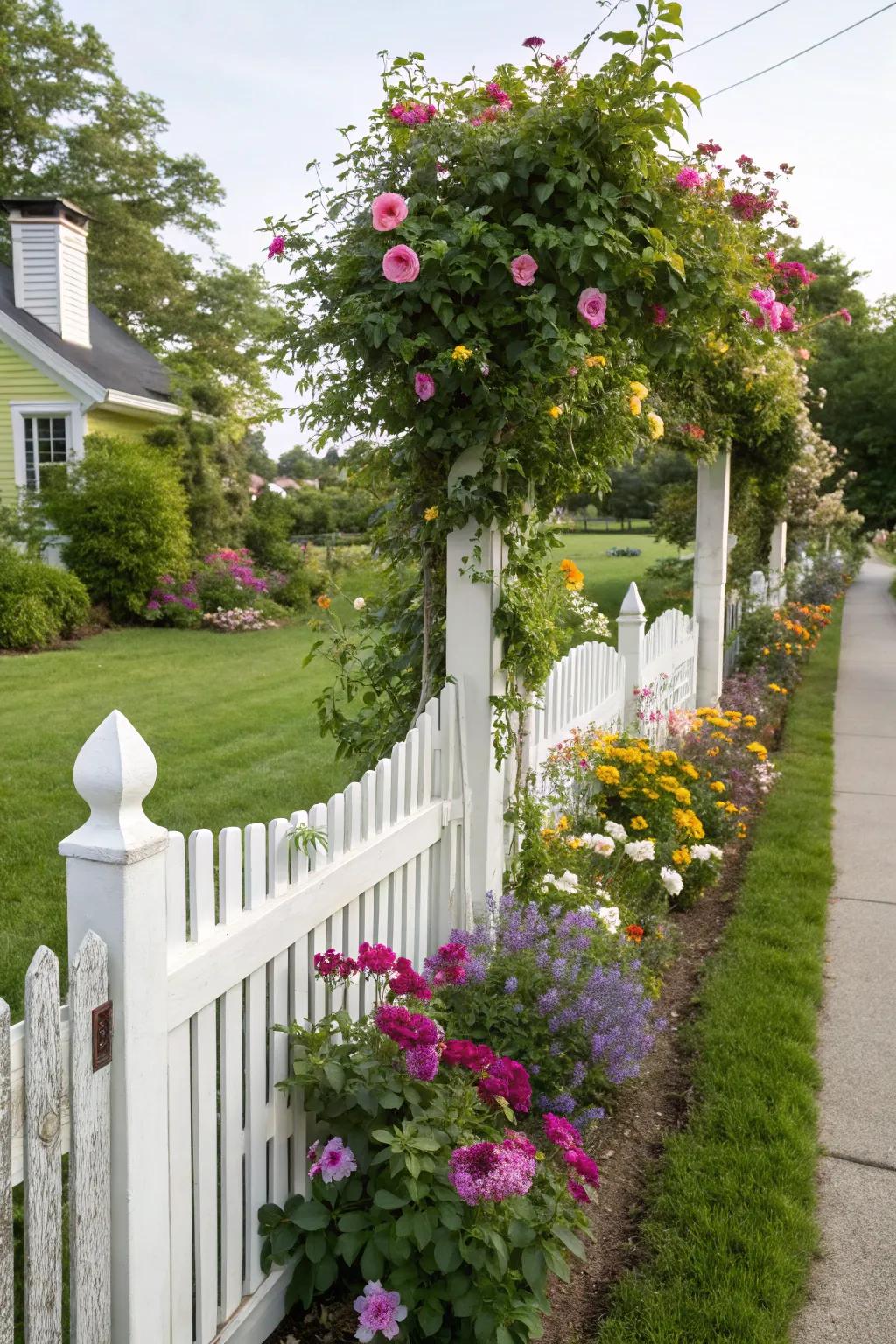A traditional white picket fence elevated with bright flowers.