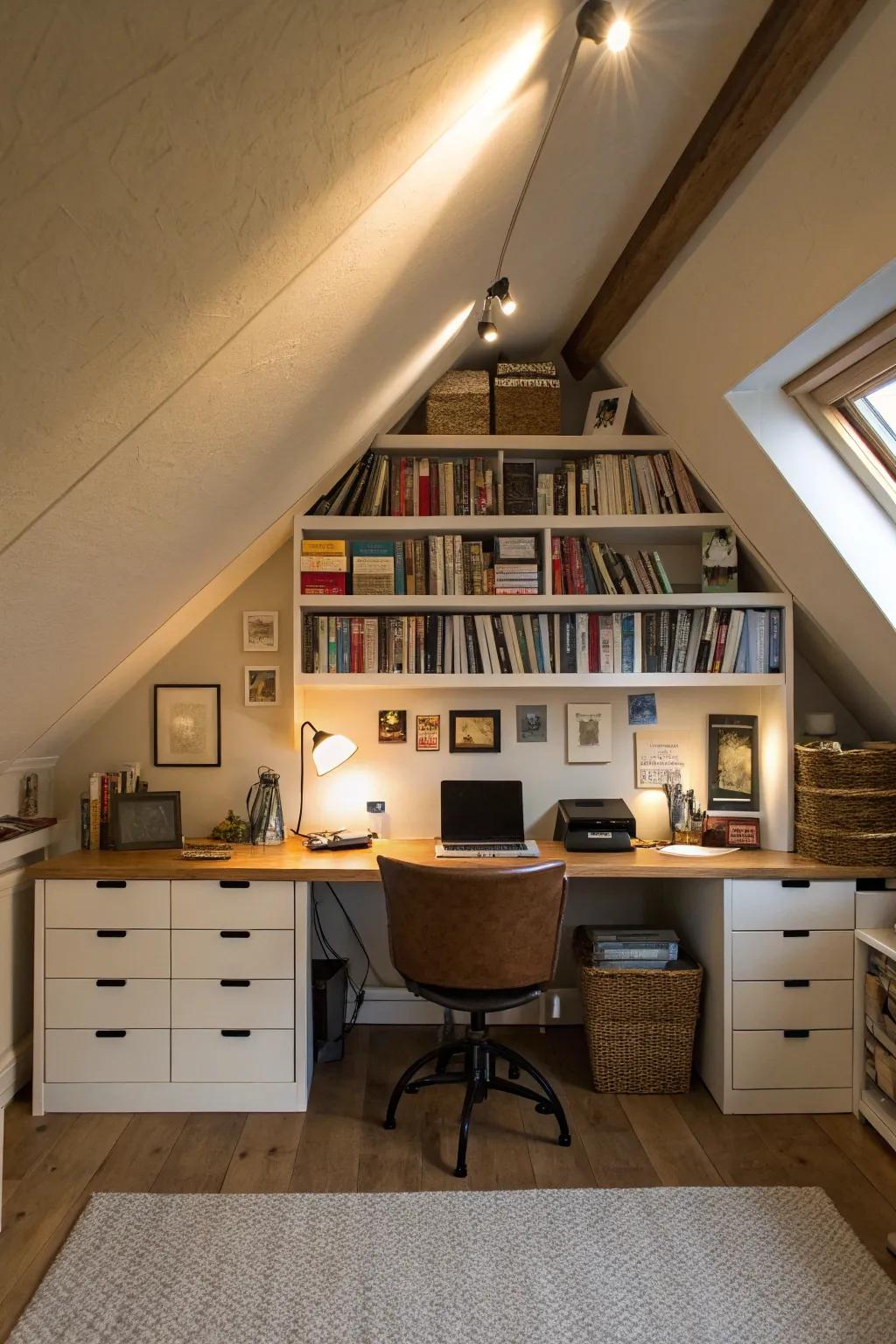 A tranquil attic home office space thoughtfully designed.