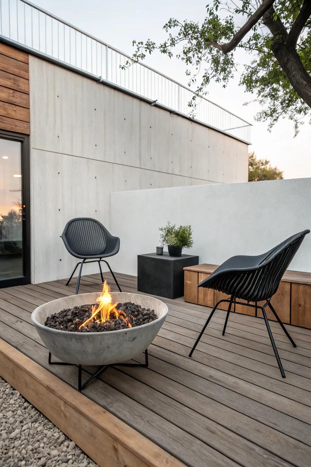 Modern minimalist fire pit space featuring refined outdoor furniture.