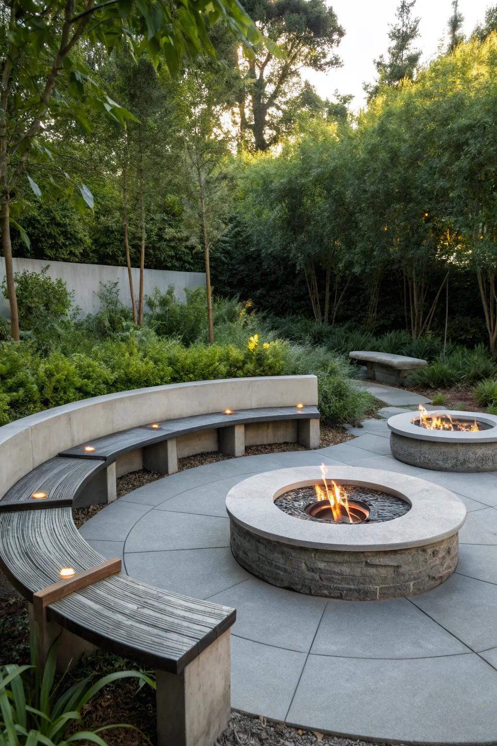 Rounded stone benches provide a classic and communal seating choice.