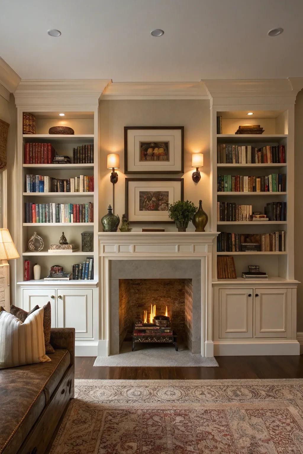 A living space featuring a fireplace beautifully framed by symmetrical shelving, perfect for displaying books and decor.
