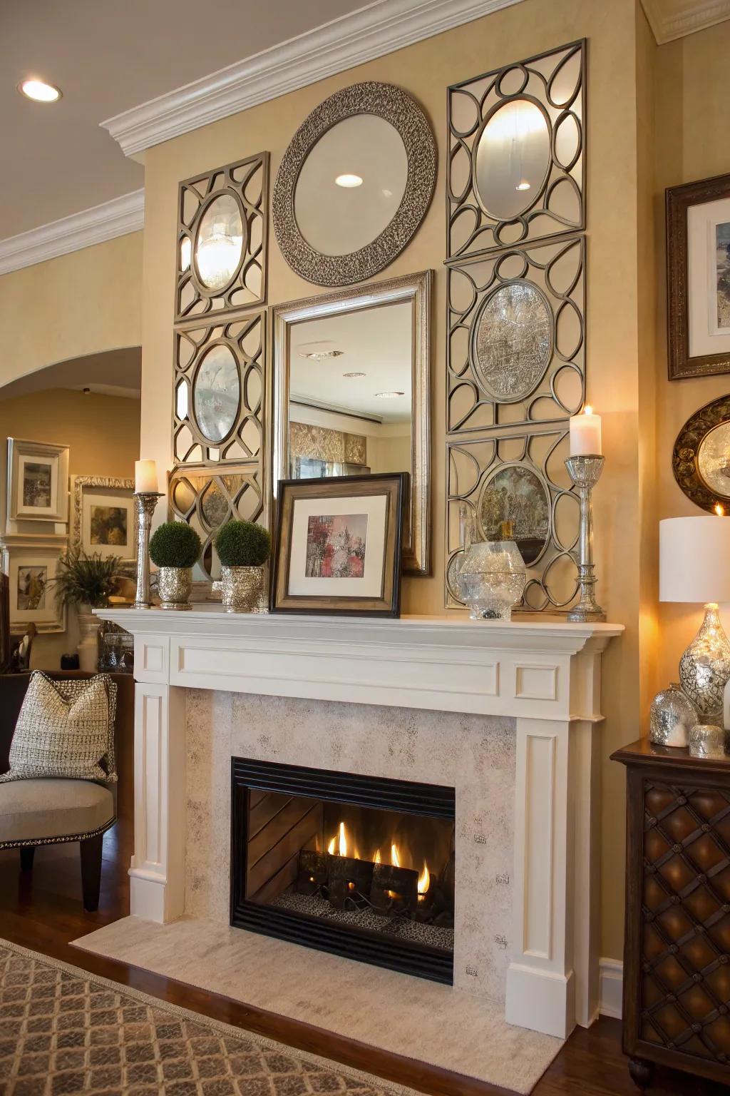 Mirrors and art arranged stylishly above the fireplace.