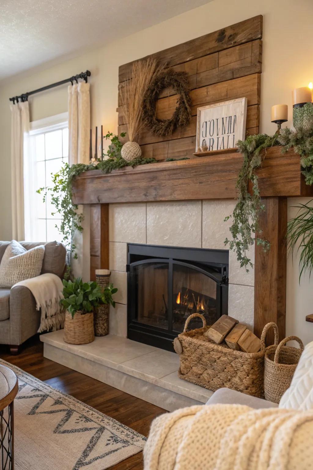 A country-style wood mantel infusing natural warmth into the living area.