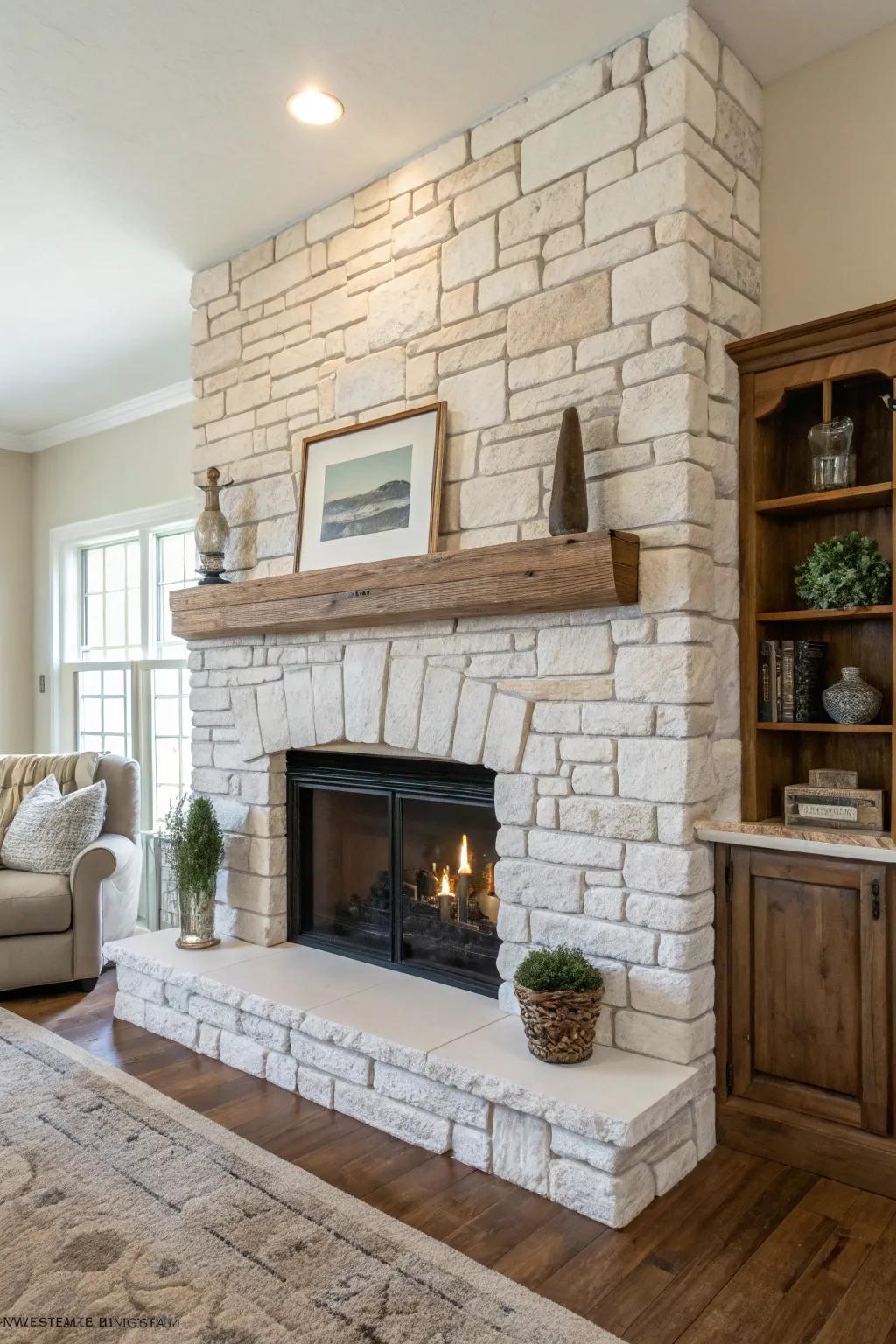 Stone and brick unite to create a timeless fireplace aesthetic.