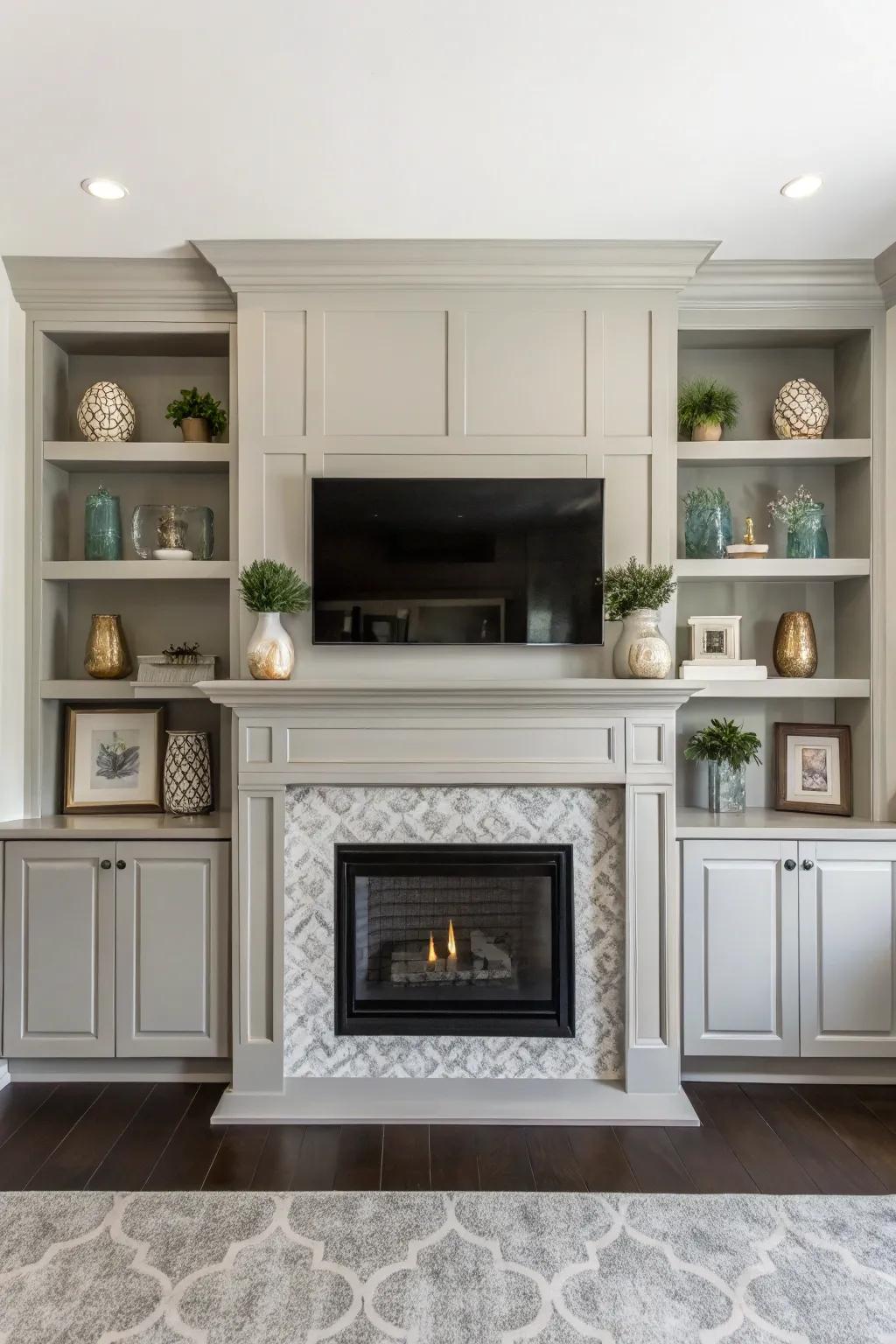 The use of symmetry, with matching built-ins, brings a sense of harmony to your fireplace area.