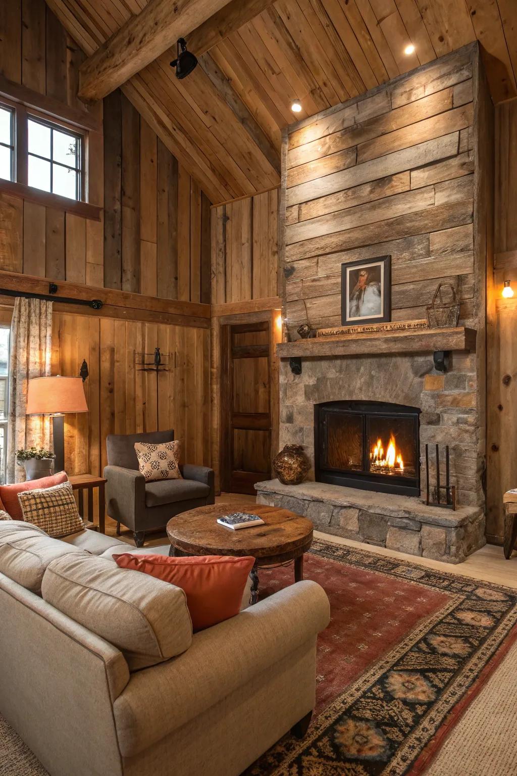 A warm living space showcasing a fireplace framed with salvaged timber panels for a welcoming vibe.