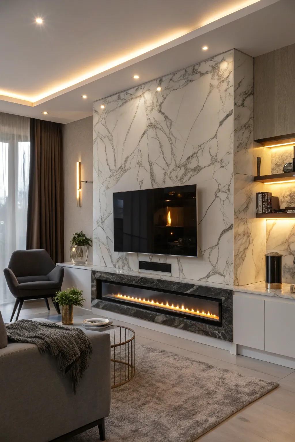A contemporary living area showcasing a marble fireplace wall complete with an integrated TV.