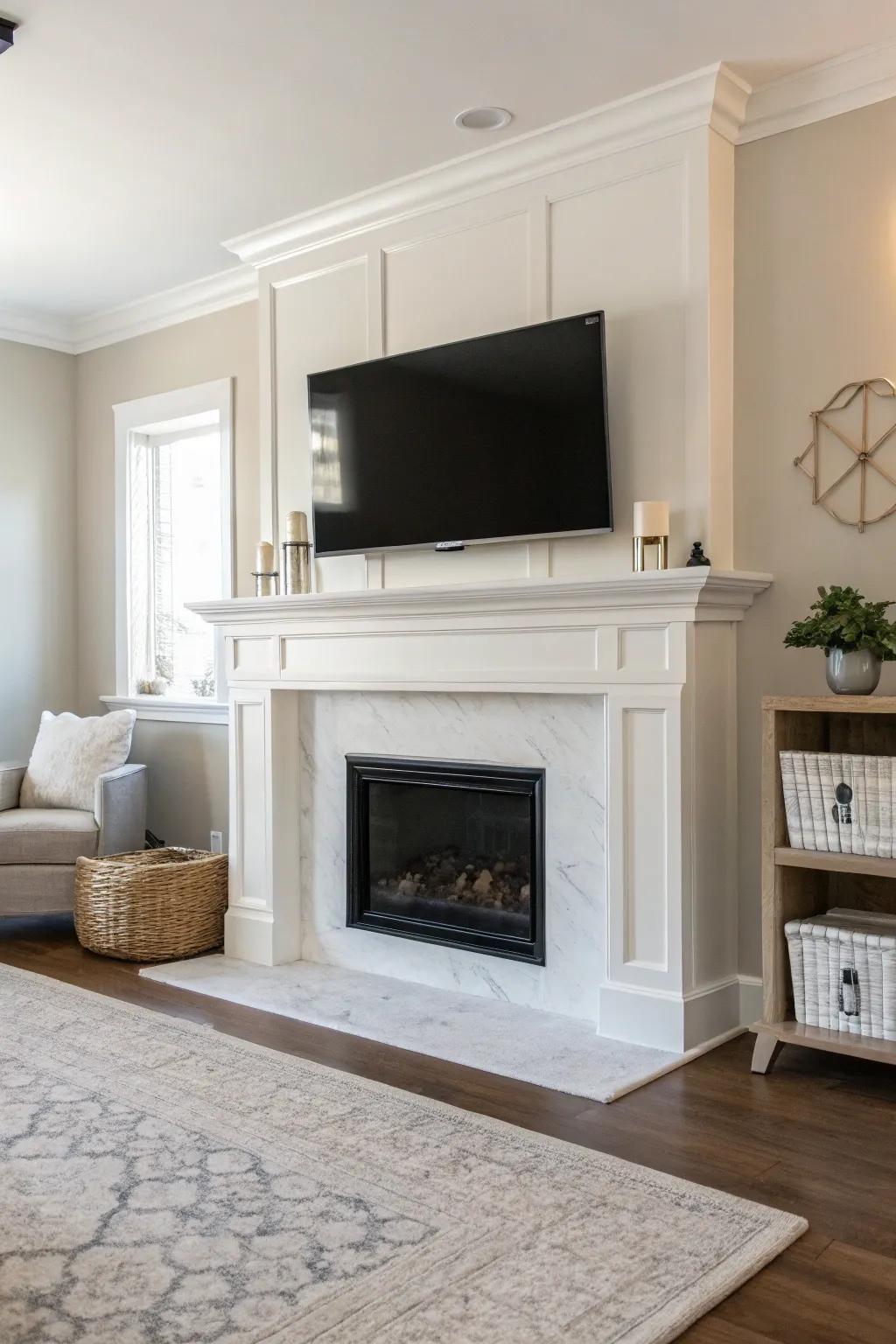 A simple living area showcasing a bright fireplace and organized TV arrangement.