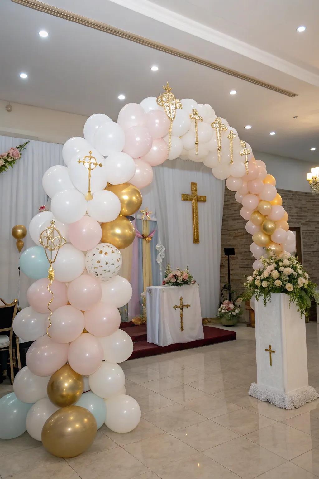 A breathtaking balloon arch is perfect for highlighting any First Holy Communion celebration.