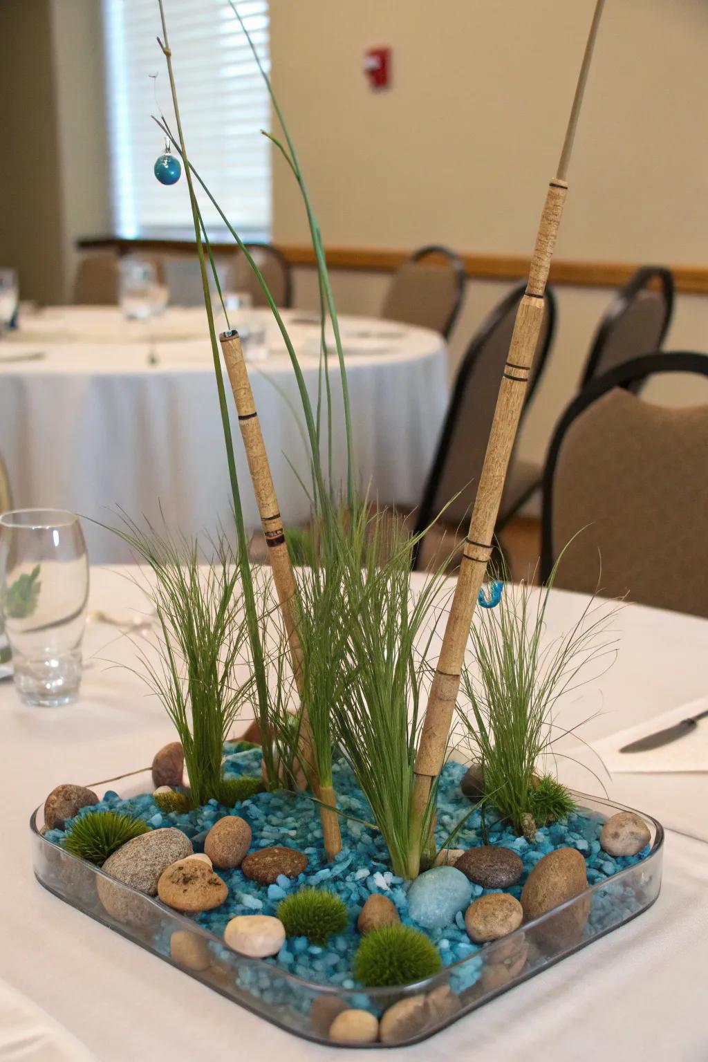 Whimsical scaled-down angling poles create a charming centerpiece.