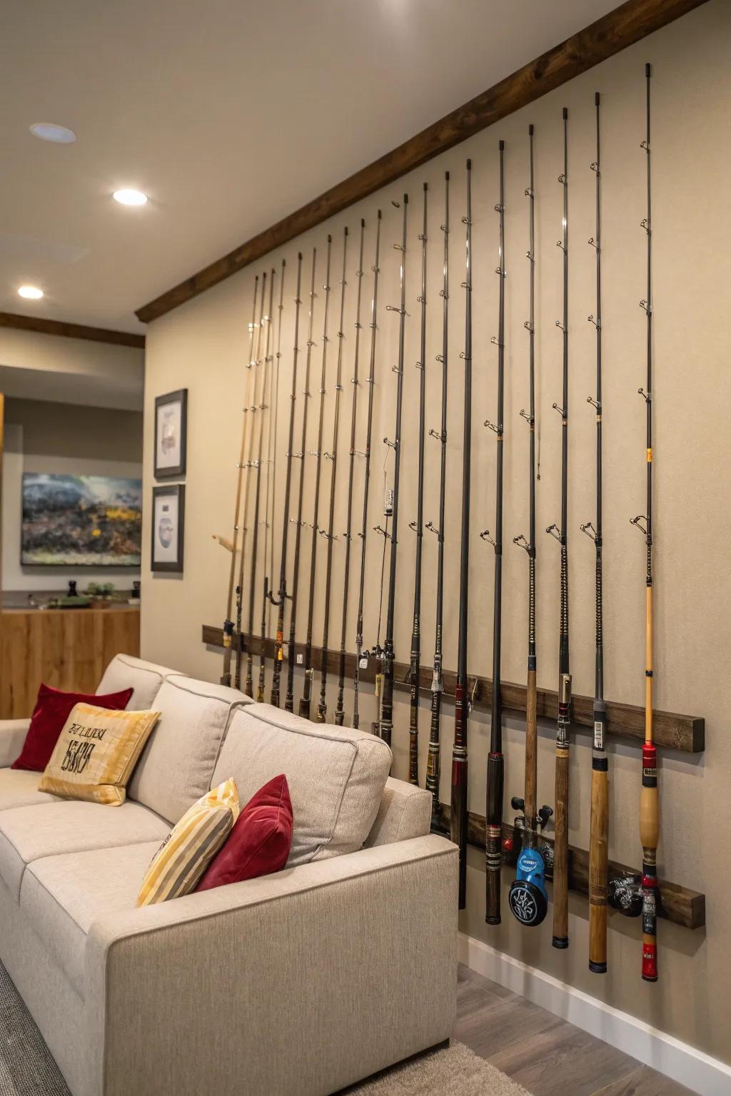 Artfully arrayed angling tools conceive a rustic gallery ambiance.