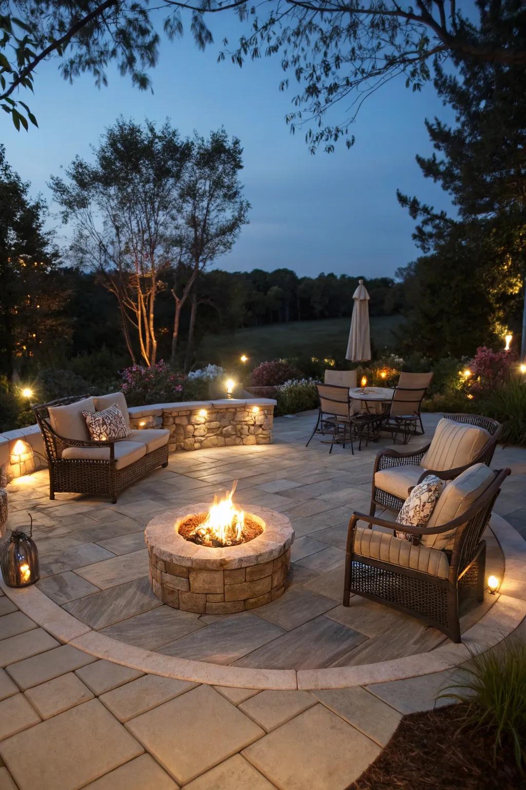 A flagstone patio enhanced by a cozy fire pit arrangement.